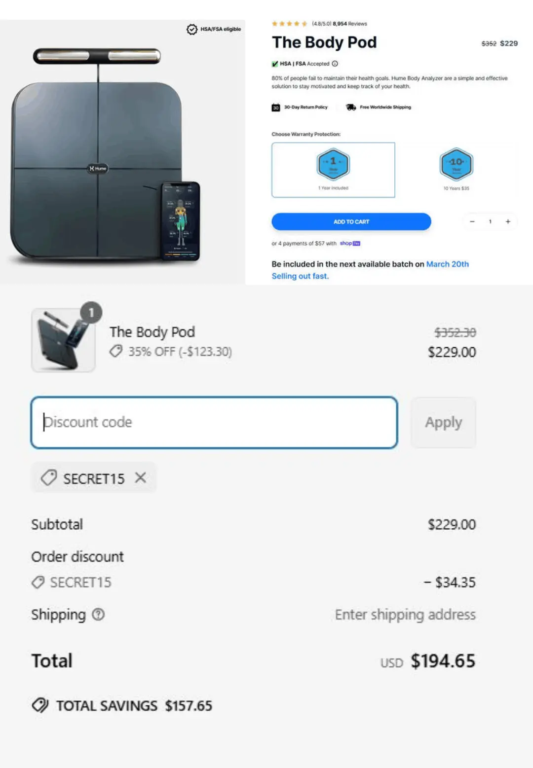 Hume Health checkout page